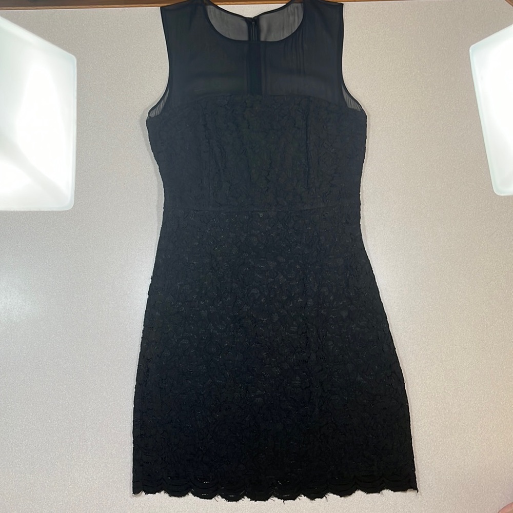 Diane von Furstenberg black lace fitted dress with sheer black top size 10